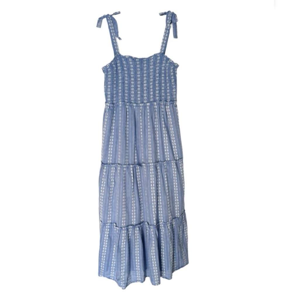Draper James Blue Cotton Print Tie Shoulder Tiered MAXI  Smocked Sundress IX